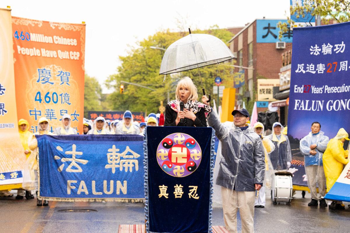 Pat Patterson, actress and producer, speaks at a rally commemorating the 27th anniversary of the April 25 appeal, in Flushing, New York, on April 25, 2026. (Larry Dye/The Epoch Times)
