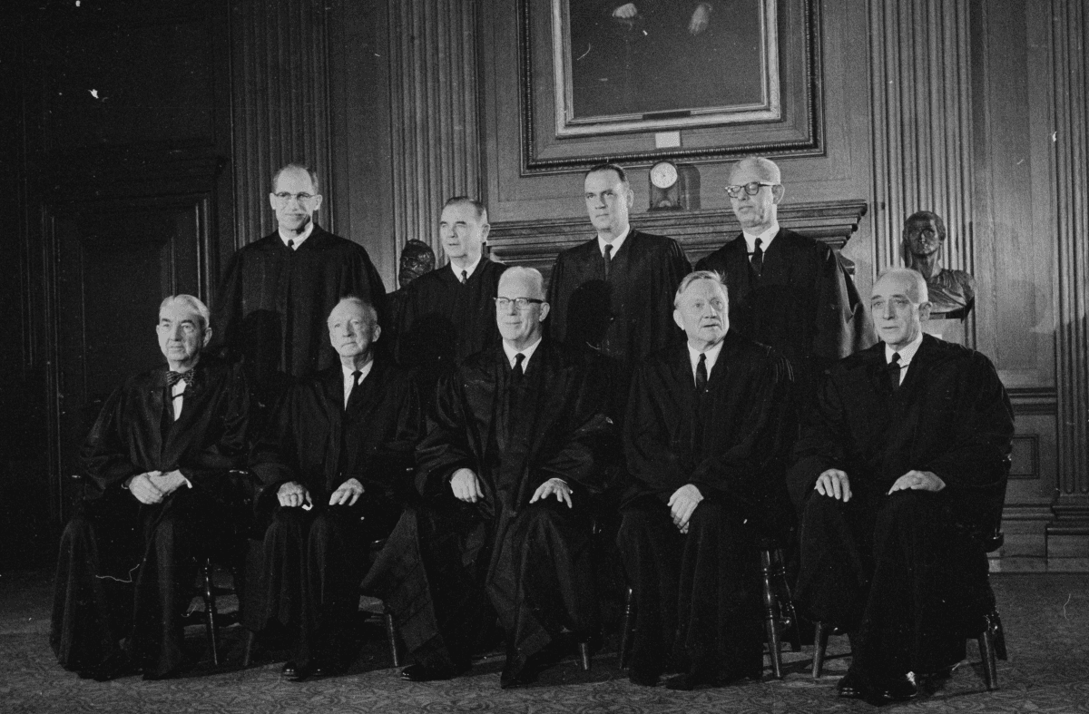 The U.S. Supreme Court as it was composed from Sept. 28, 1962 to July 26, 1965. In the front row, L–R: Tom C. Clark, Hugo L. Black, Earl Warren (Chief Justice), William O. Douglas, and John M. Harlan. In the back row, L–R: Byron R. White, William J. Brennan Jr, Potter Stewart, and Arthur J. Goldberg. Library of Congress. (Public Domain)
