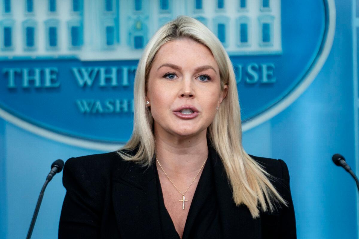 White House press secretary Karoline Leavitt speaks during a press briefing at the White House on April 27, 2026. (Madalina Kilroy/The Epoch Times)