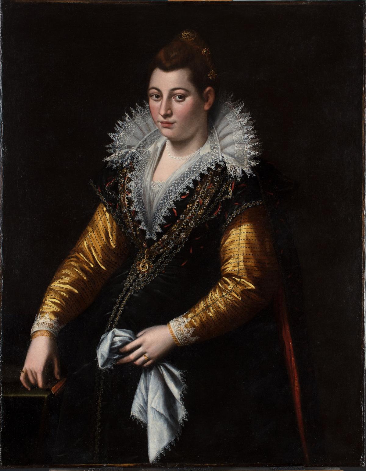 A portrait of a pregnant woman, possibly a self-portrait, circa 1592–1604, by Lavinia Fontana. Oil on canvas; 44 inches by 34 5/8 inches. (Public Domain)