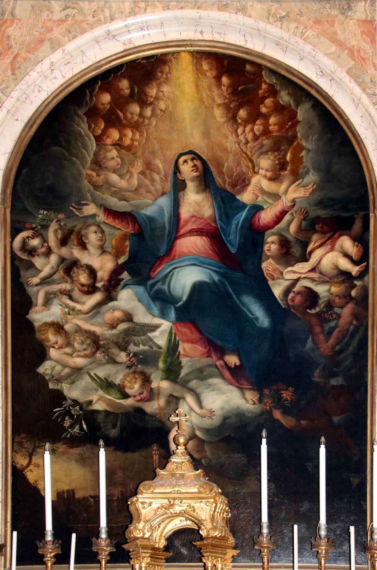 "Assumption of the Virgin," 1593, by Lavinia Fontana. The altarpiece hangs in the Collegiate church of Santa Maria Maggiore in Pieve di Cento, Bologna, Italy. (<a title="User:Mongolo1984" href="https://commons.wikimedia.org/wiki/User:Mongolo1984">Mongolo1984</a>/<a title="Category:CC-BY-SA-4.0" href="https://commons.wikimedia.org/wiki/Category:CC-BY-SA-4.0">CC-BY-SA-4.0</a>)