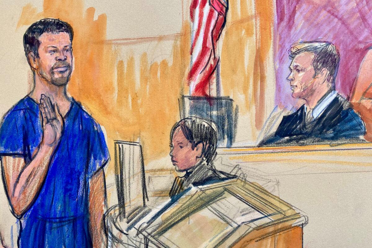 A courtroom sketch depicts Cole Tomas Allen (L), the California man arrested in the shooting incident at the correspondents dinner, appearing before Magistrate Judge Matthew J. Sharbaugh, in federal court in Washington on April 27, 2026. (Dana Verkouteren via AP)