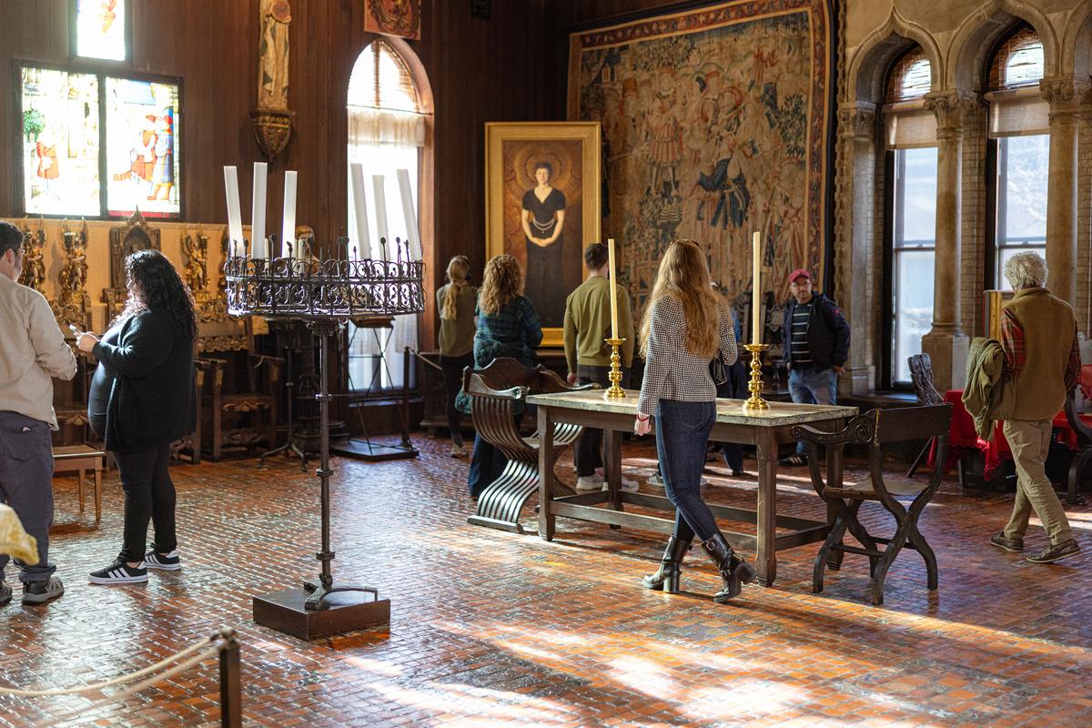 The west wall of the Gothic Room at the Isabella Stewart Gardner Museum in Boston features a Flemish tapestry and a painting of Isabella Stewart Gardner, 1888, by John Singer Sargent. (Ally Schmaling/Isabella Stewart Gardner Museum)
