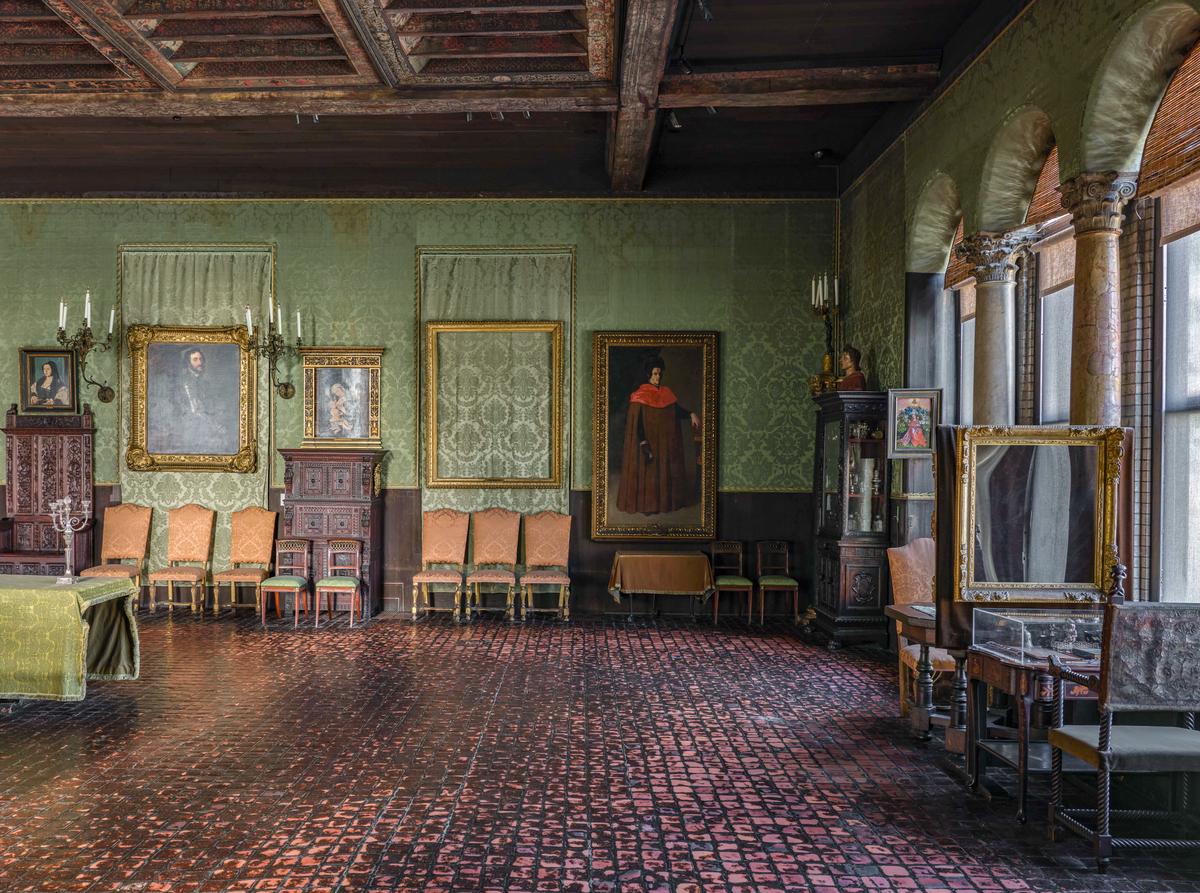 Southwest view of the Dutch Room at the Isabella Stewart Gardner Museum with empty frames from the 1990 art heist. (Isabella Stewart Gardner Museum, Boston)