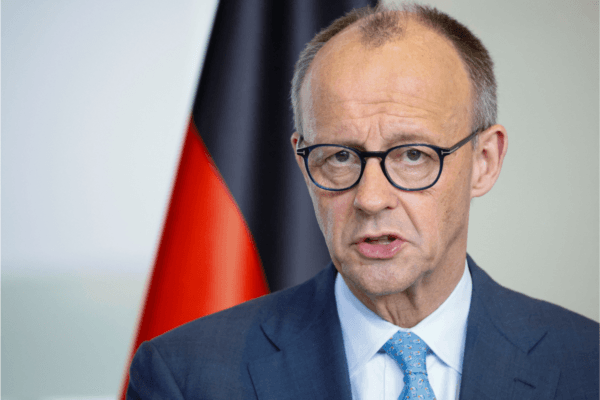 German Chancellor Friedrich Merz holds a press conference at the Chancellery in Berlin, Germany, on April 16, 2026. (Axel Schmidt/Reuters)