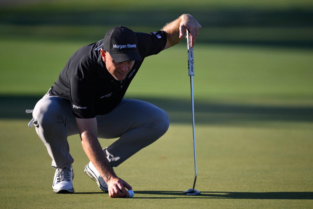 Justin Rose of England lines up a putt on the second green prior to the Cadillac Championship 2026 at Trump National Doral Miami in Doral, Florida, on April 29, 2026. (Orlando Ramirez/Getty Images)