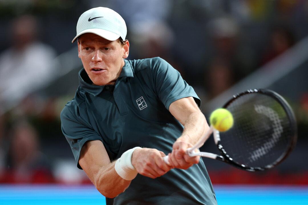 Jannik Sinner of Italy plays a backhand against Rafael Jodar of Spain during the Men's Singles Quarter Final match on Day Ten of the Mutua Madrid Open at La Caja Magica in Madrid, Spain on April 29, 2026. (Clive Brunskill/Getty Images)