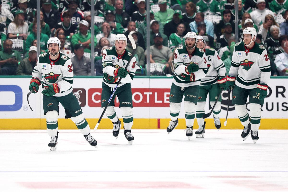Mats Zuccarello (L) of the Minnesota Wild celebrates a goal against the Dallas Stars during the first period of Game 5 of their first round playoff series at the American Airlines Center in Dallas on April 28, 2026. (Stacy Revere/Getty Images)