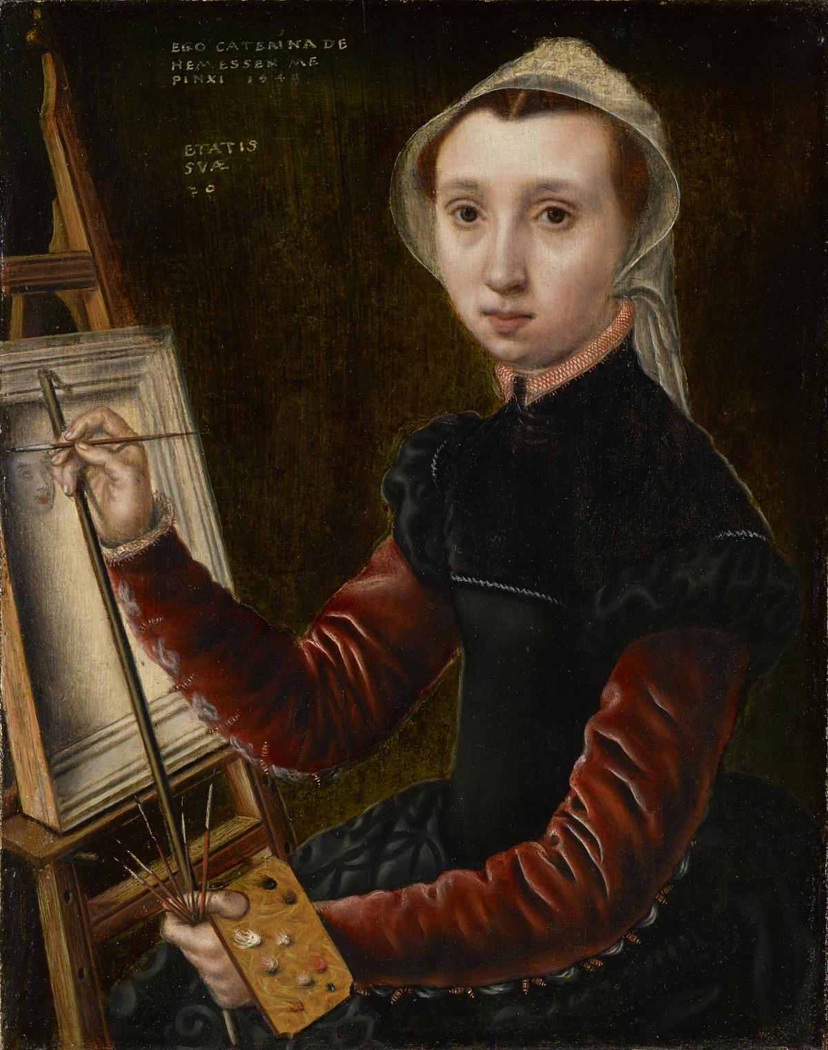 卡塔麗娜‧凡‧海梅森(Catharina van Hemessen),畫架前的自畫像,1548年作,橡木面板油畫,32.4×25.2cm,瑞士巴塞爾美術館藏。(公有領域)