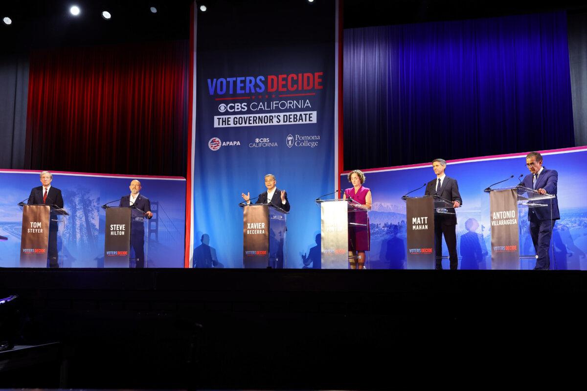 (L-R) Tom Steyer (D), Steve Hilton (R), Xavier Becerra (D), Katie Porter (D), Matt Mahan (D), and Antonio Villaraigosa (D) speak during CBS Television Stations' California Gubernatorial Debate in Claremont, Calif., on April 28, 2026. (Leon Bennett/Getty Images for CBS Television Stations)