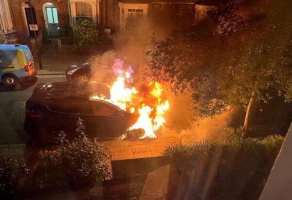 An image captured from a closed-circuit television camera shows a Toyota RAV4, formerly owned by British Prime Minister Keir Starmer, which was set on fire in Kentish Town, north London, on May 8, 2025. (Metropolitan Police/via Reuters)