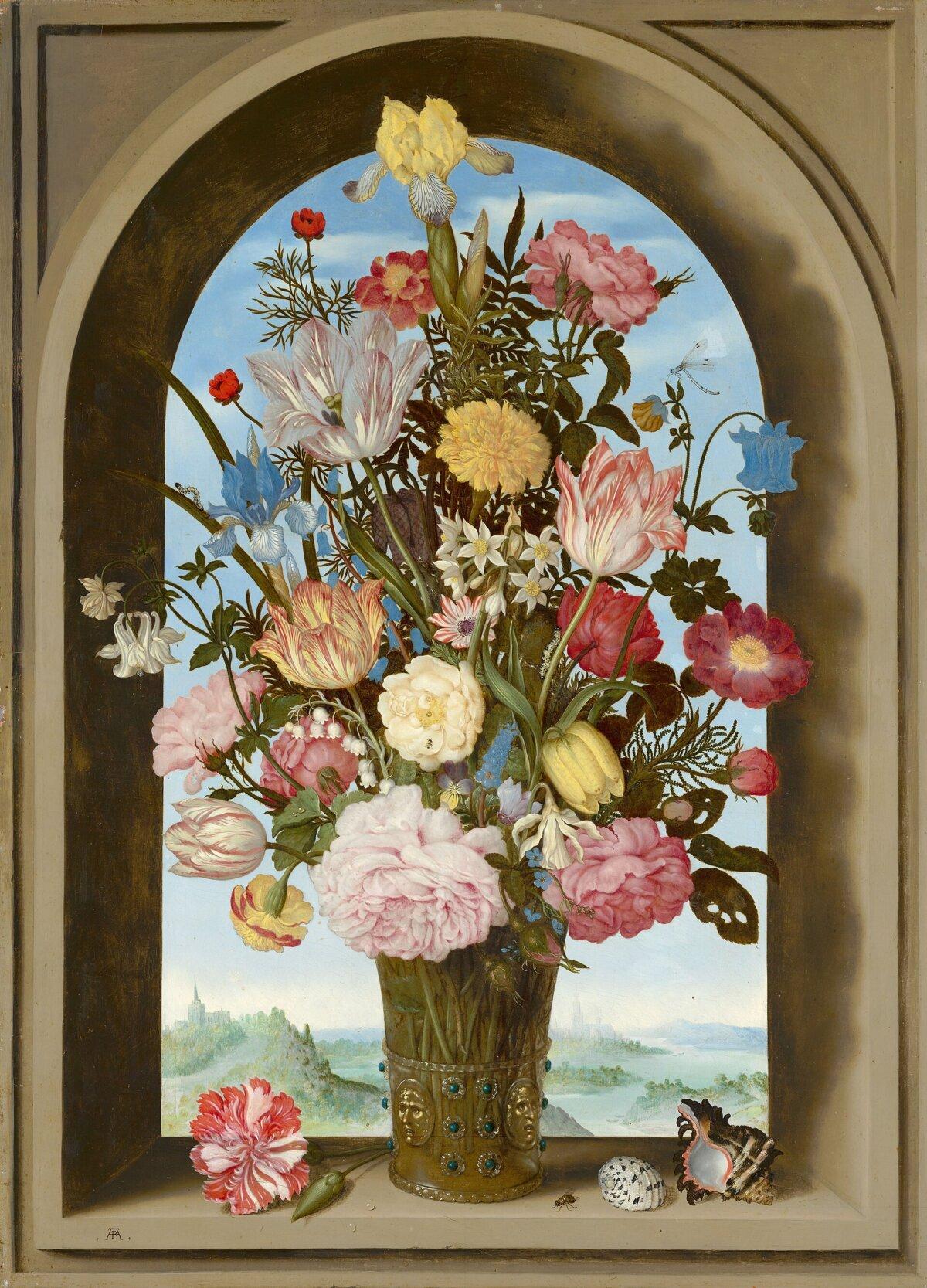 《窗邊的花瓶》(Vase of Flowers in a Window),安布羅修斯‧博斯哈特(Ambrosius Bosschaert the Elder)約於1618年作,面板油畫,64.14 × 46.04公分,海牙莫瑞泰斯皇家美術館藏。(公有領域)