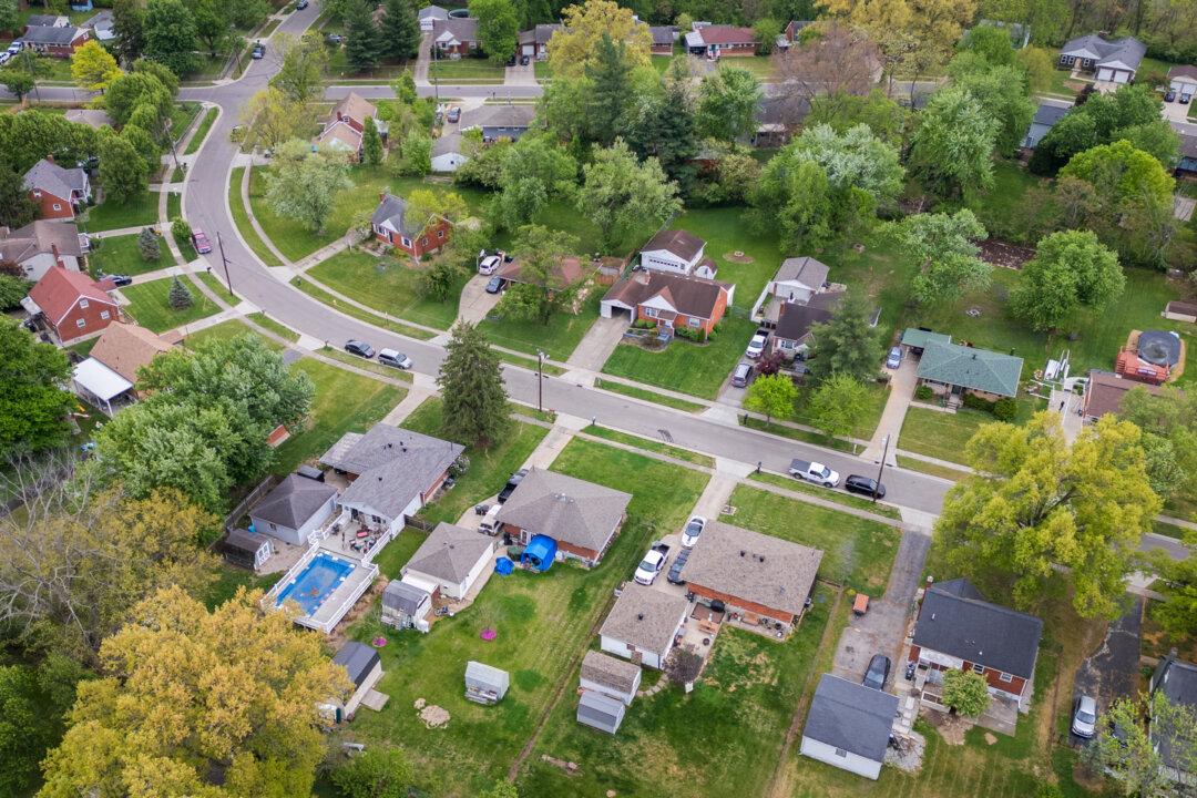 An aerial view of single-family homes in Springfield Township, Ohio, on April 18, 2026. Property taxes on the homes fund the Winton Woods School District, the township, and various Hamilton County levies. (Glenn Hartong for The Epoch Times)