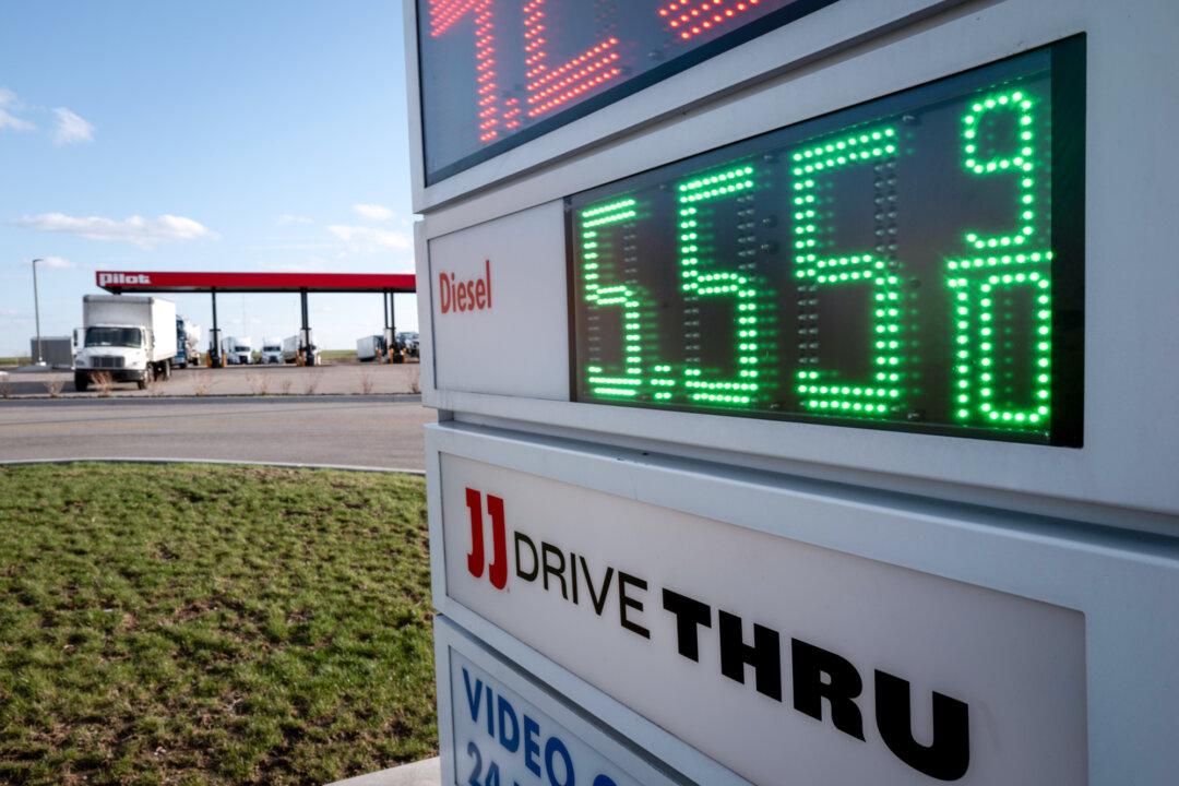 Fuel prices are displayed at a truck stop in Belvidere, Ill., on April 6, 2026. With diesel prices rising faster than gasoline, refiners are turning to import heavier crude needed to produce diesel, experts said. (Scott Olson/Getty Images)
