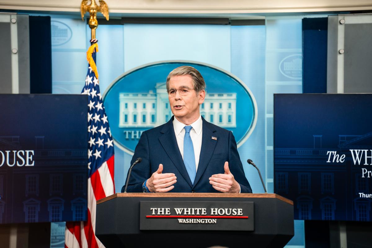 Treasury Secretary Scott Bessent speaks during a press briefing at the White House on May 28, 2026. (Madalina Kilroy/The Epoch Times)