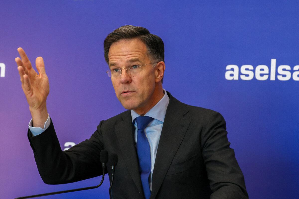 NATO Secretary-General Mark Rutte delivers a speech at Aselsan Defence company as part of his official visit to Turkey, in Ankara on April 22, 2026. (Adem Altan/AFP via Getty Images)