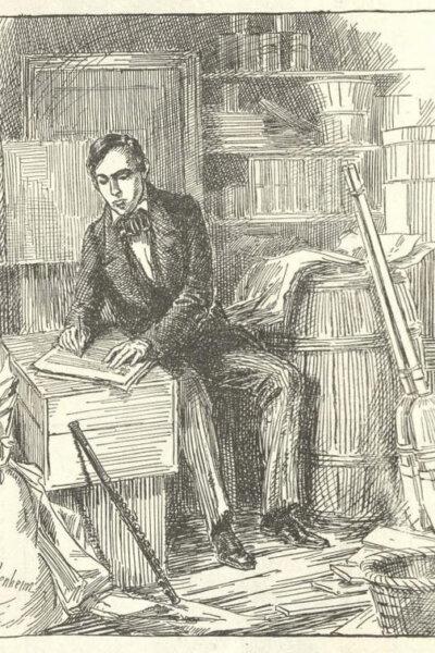 A drawing of Stephen Foster late in his life, 1916, by William S. Nortenheim. “During his last days in New York, Foster’s means were so greatly reduced, and it is reported that his workshop was the back room of a friendly grocer who supplied him with the paper needed for his composition.” (Public Domain)