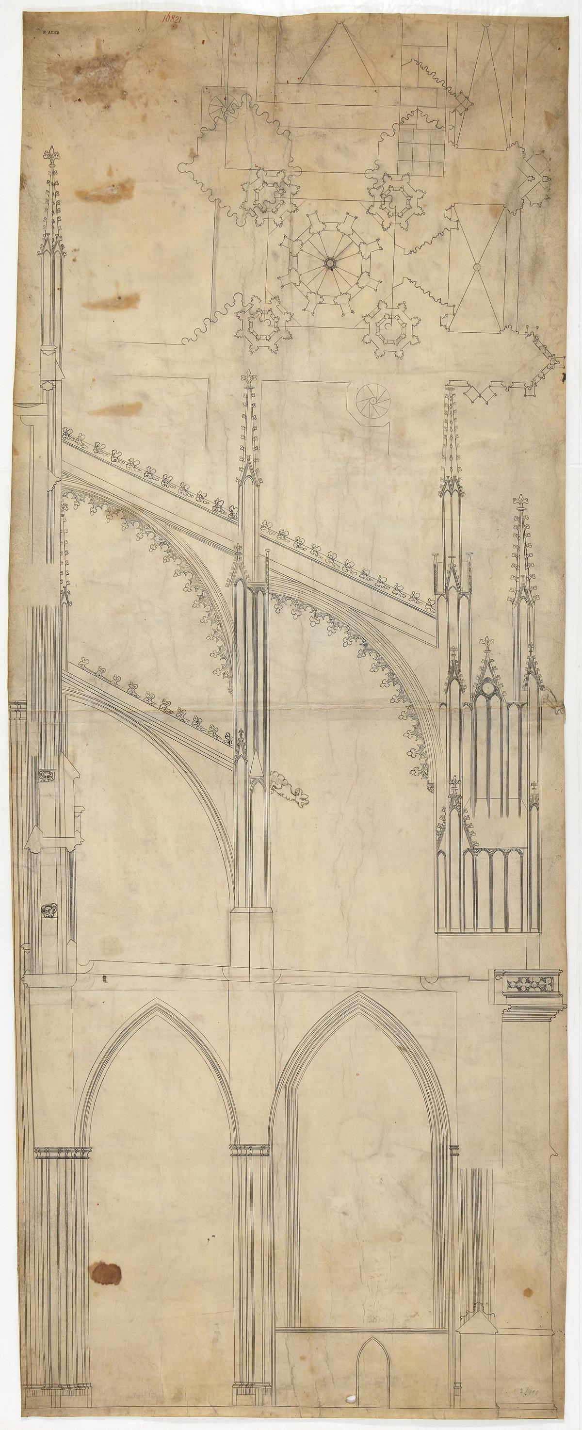 "Cross Section of the Northern Half of the Choir and Flying Buttresses of the Cathedral of Saint Vitus (Veitsdom), Prague," circa 1360, by Peter Parler. Pen and black ink, over blind ruling with stylus, guided by compass and straightedge, on parchment. Academy of Fine Arts Vienna. (Courtesy of the Metropolitan Museum of Art, New York City)