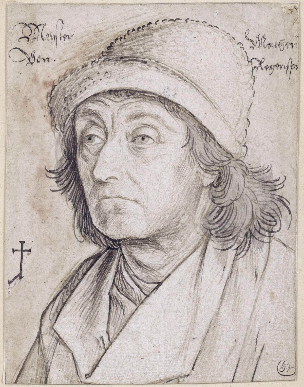 A portrait of the architect Mathes (Matthäus) Roriczer, circa 1490–1493, by Hans Holbein the Elder. Silverpoint on gray-white prepared paper, later partially covered with gray body color and dark gray-brown ink; 4 7/8 inches by 3 11/16 inches. Museum of Prints and Drawings, Berlin State Museums. (Courtesy of the Metropolitan Museum of Art, New York City)