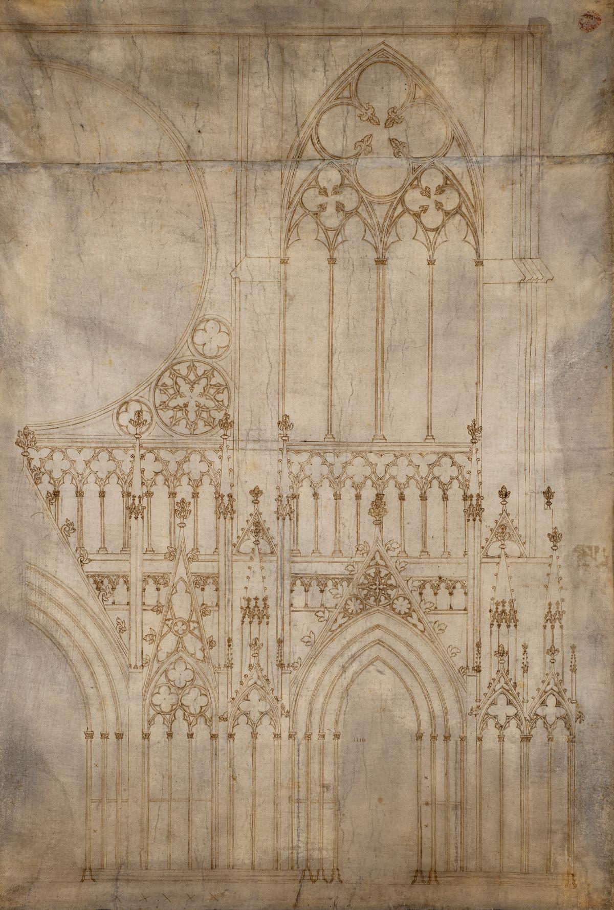 "Partial Elevation of the Facade of Strasbourg Cathedral (Drawing A’)," circa 1260–1270, attributed to Erwin von Steinbach, partially after Master Rudolph the Elder. Pen and brown ink on parchment; 3 7/8 inches by 23 1/16 inches. Musée de l’Oeuvre Notre-Dame, Strasbourg, France. (Courtesy of the Metropolitan Museum of Art, New York City)