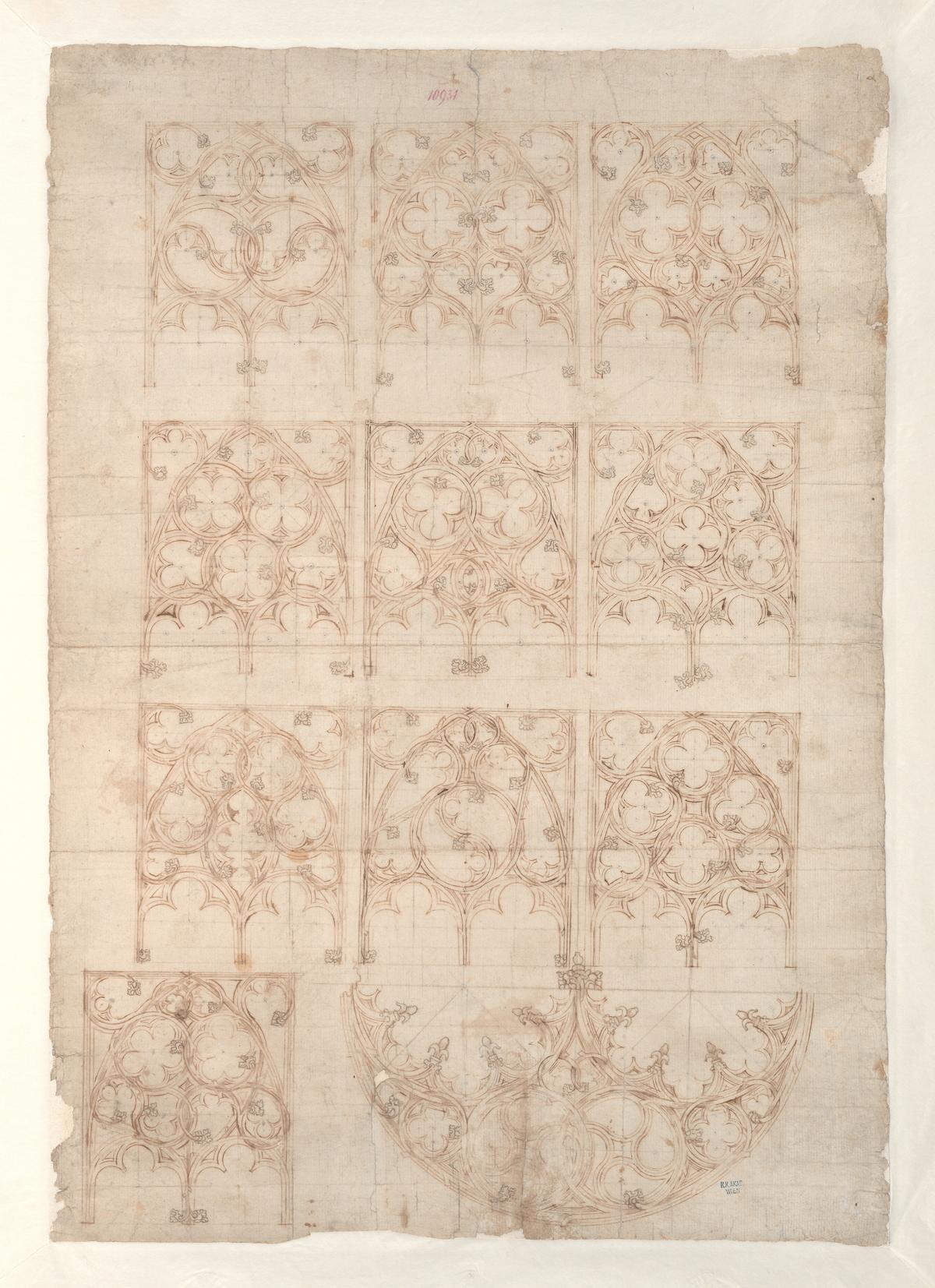 <br/>"Studies of Tracery Variations," circa 1410–1415, attributed to Madern Gerthener. Pen and brown ink, over blind ruling with stylus, guided by compass and straightedge, on paper; 23 7/16 inches by 16 7/16 inches. Academy of Fine Arts Vienna. (Courtesy of the Metropolitan Museum of Art, New York City)