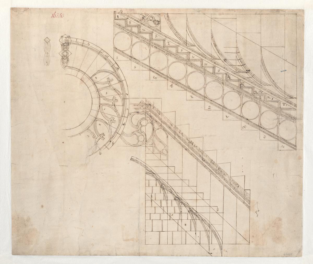 "Elevation, Section, and Floor Plan for the Stairs to the Pulpit, Stephansdom (Saint Stephen’s Cathedral), Vienna," circa 1515, after Anton Pilgram. Pen and brown ink, over blind ruling with stylus, guided by compass and straightedge, on paper; 17 1/4 inches by 20 5/16 inches. Academy of Fine Arts Vienna. (Courtesy of the Metropolitan Museum of Art, New York City)