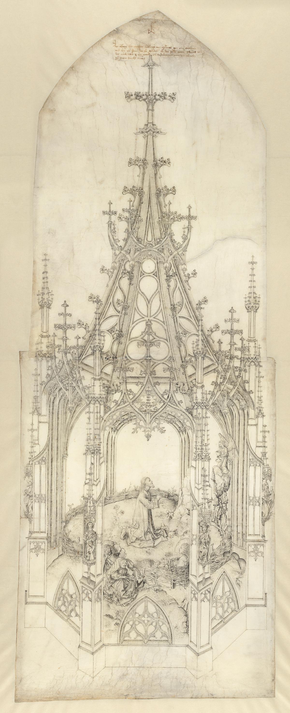 "Design for a Mount of Olives Monument for the City of Ulm," 1474, by Matthäus Böblinger. Pen and black ink, over blind ruling with stylus, guided by compass, on parchment; 42 1/2 inches by 16 5/16 inches. Evangelical Parish of Ulm, Germany. (Courtesy of the Metropolitan Museum of Art, New York City)