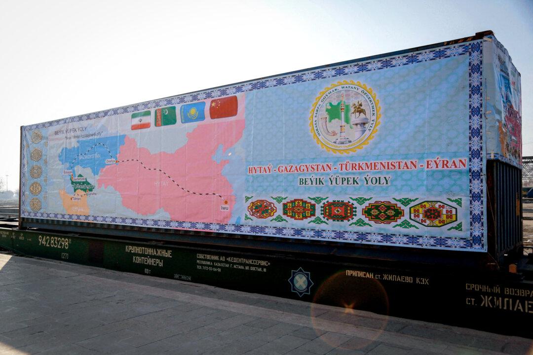A container on the first train connecting China and Iran upon its arrival at Tehran Railway Station in Iran on Feb. 15, 2016. Iran Oil Exporters Union spokesman Hamid Hosseini said shipping oil by train on a newly built rail corridor from Iran to Yiwu and Xi’an in China is being considered. (Stringer/AFP via Getty Images)