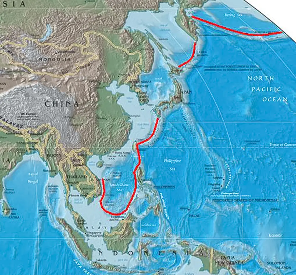 The first island chain (marked in red) is shown in this map dated April 10, 2012. Taiwan sits at the center of the first island chain—a concept in maritime strategy involving a strategic arc stretching from Japan through the Philippines to Indonesia—that acts as a barrier, constraining China’s ability to project its naval and air power into the wider Pacific. (Suid-Afrikaanse/CC BY-SA 3.0)