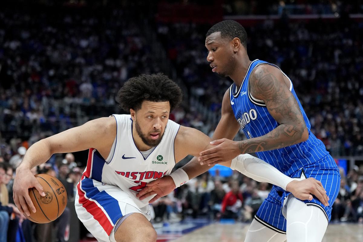 Cade Cunningham (2) of the Detroit Pistons drives to the basket against Jamal Cain (8) of the Orlando Magic during the fourth quarter in Game Seven of the First Round of the NBA Eastern Conference Playoffs at Little Caesars Arena in Detroit, Michigan on May 03, 2026. (Nic Antaya/Getty Images)