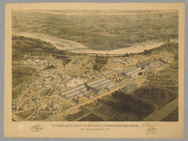 Bird’s eye view looking toward East Fairmount Park showing the entire expanse of the exhibition grounds in West Fairmount Park. Library Company of Philadelphia. (Public Domain)