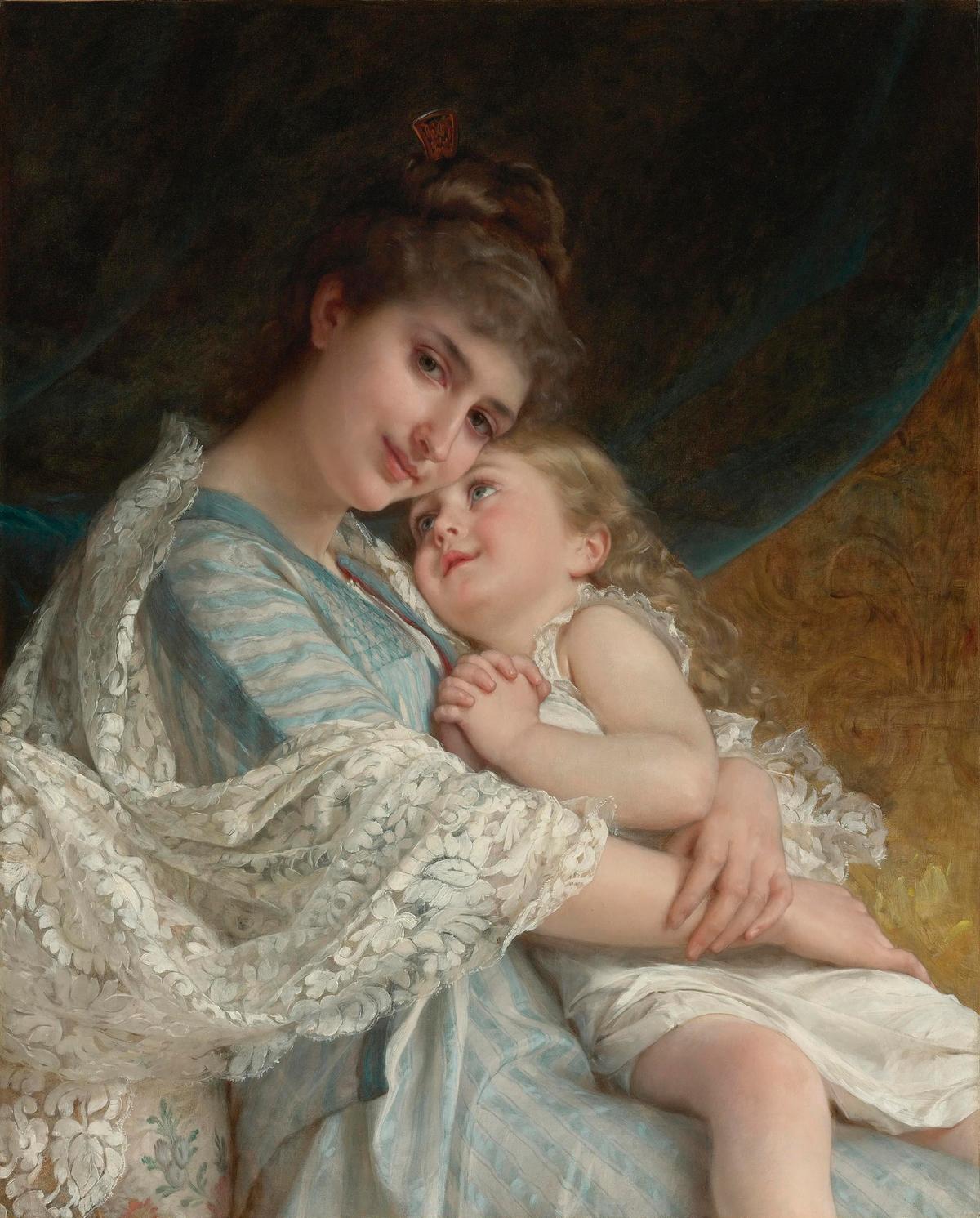 "A Tender Embrace," 1887, by Emile Munier. Oil on canvas; 31 3/8 inches by 26 1/8 inches. Private collection. (Public Domain)