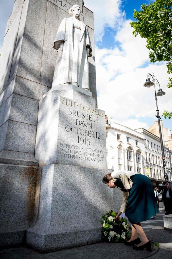 Anne, the Princess Royal pictured during a wreath-laying ceremony at the Edith Cavell Monument in London on May 10, 2022. (Jasper Jacobs/Belga Mag/AFP via Getty Images)