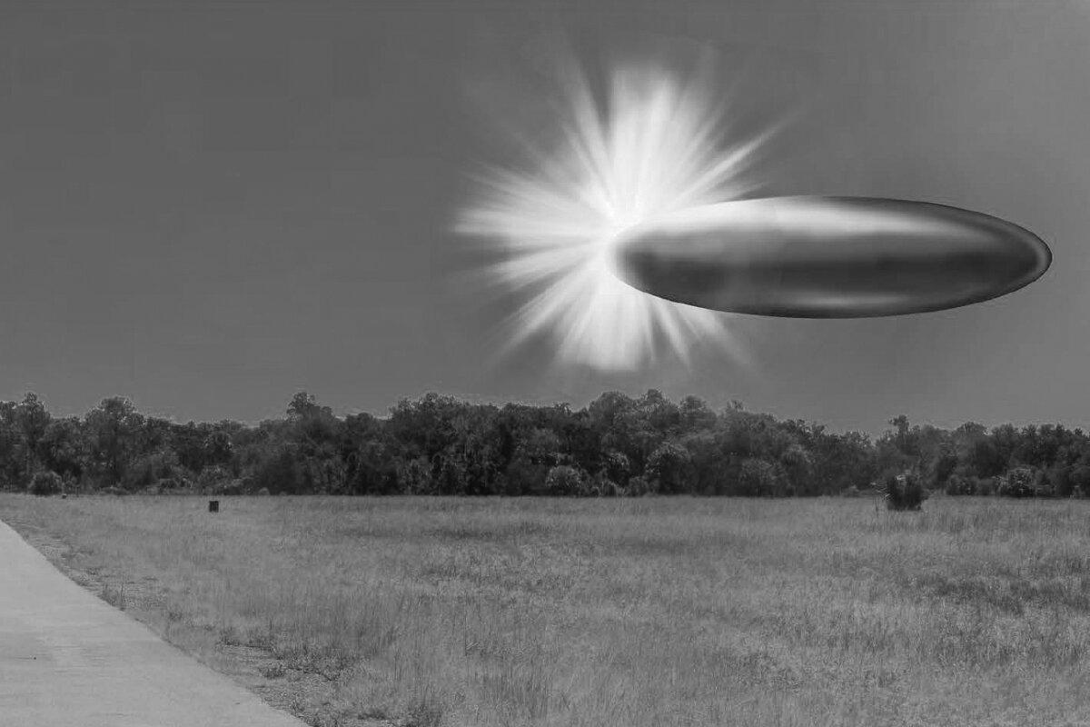 An FBI composite image depicting a UFO sighting released by the Department of War on May 8, 2026. The graphic overlay shows the reported sighting, based on eyewitness reports from September 2023, describing an ellipsoid, metallic object materializing out of a bright light in the sky, 130-195 feet long and disappearing instantaneously. (Department of War/NASA)
