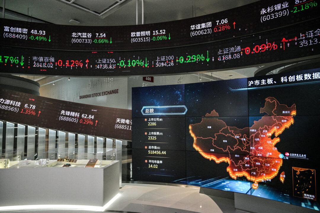 Screens display financial market movements at the Shanghai Stock Exchange in Shanghai on April 25, 2025. In an April 27 filing, Hengli told the exchange it “has never engaged in any trade with Iran” and would continue using Chinese yuan-denominated channels for crude oil purchases. (Hector Retamal/AFP via Getty Images)