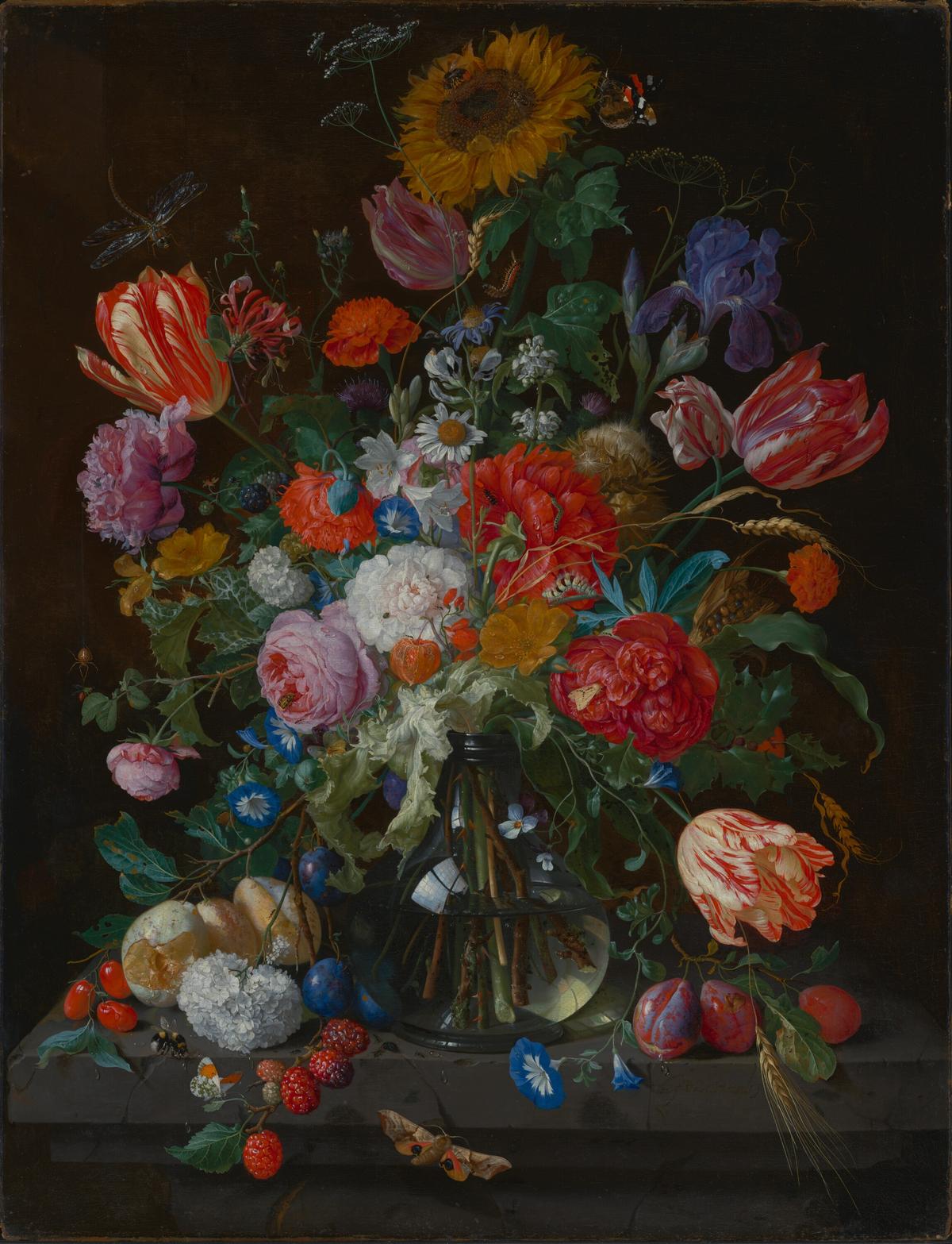 "Glass Vase With Flowers and Fruit," 1673–1674, by Jan Davidsz. de Heem. Oil on canvas; 34 3/8 inches by 26 7/16 inches. Getty Center, Los Angeles. (Public Domain)