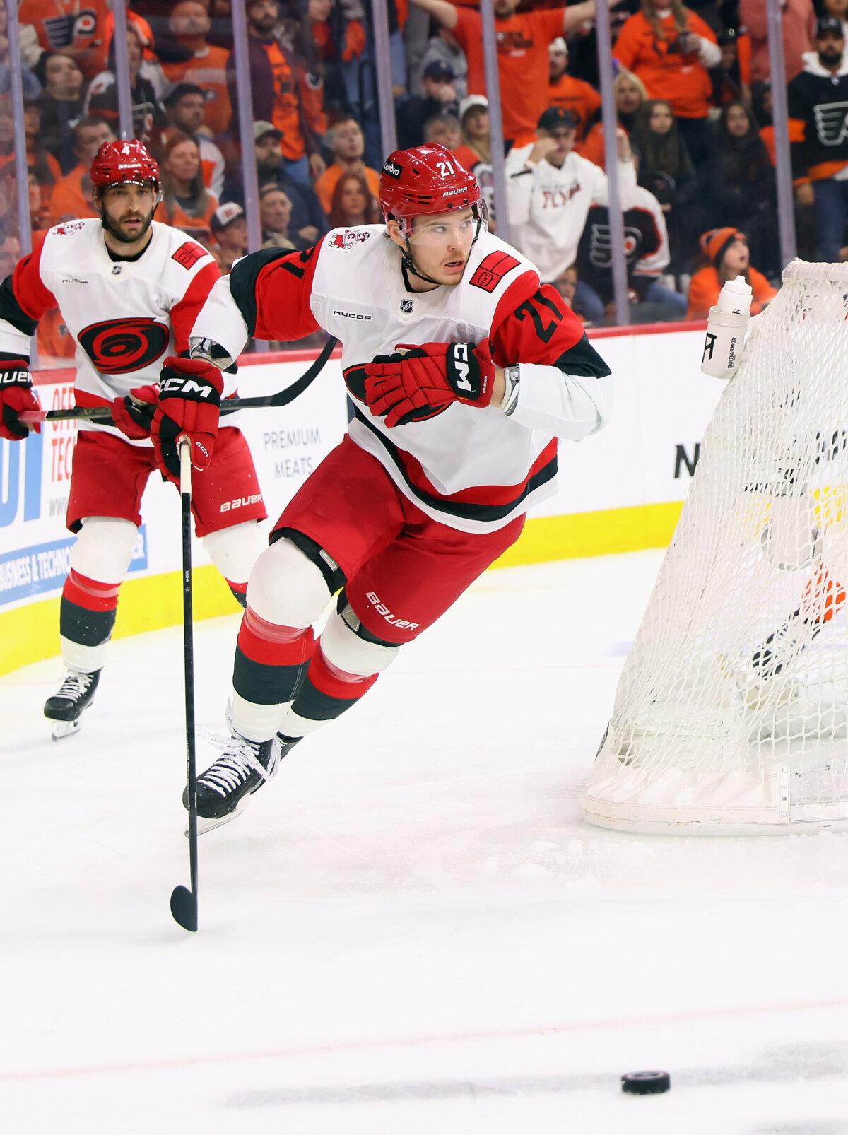 Alexander Nikishin, (21) of the Carolina Hurricanes, skates against the Philadelphia Flyers in Game Three of the Second Round of the 2026 Stanley Cup Playoffs at the Xfinity Mobile Arena in Philadelphia on May 7, 2026. (Bruce Bennett/Getty Images)