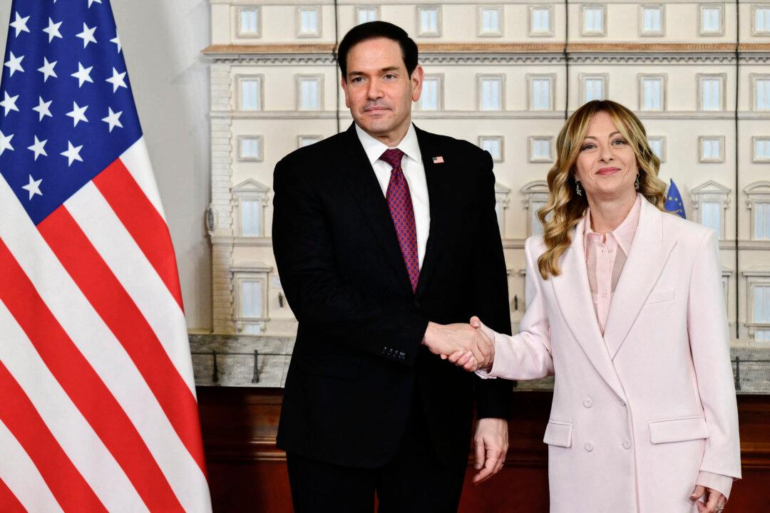 TOPSHOT - Italy's Prime Minister, Giorgia Meloni welcomes U.S. Secretary of State Marco Rubio at Palazzo Chigi in Rome on May 8, 2026. (Photo by Stefano RELLANDINI / AFP via Getty Images)