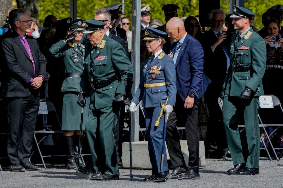 King Harald V of Norway, Crown Prince Haakon of Norway and Brigadier Gyda Ellefsplass Olssen attend a celebration of Liberation and Veterans Day at Akershus Fortress in Oslo, Norway on May 8, 2026. (Photo by Cornelius Poppe / NTB / AFP via Getty Images) / Norway OUT