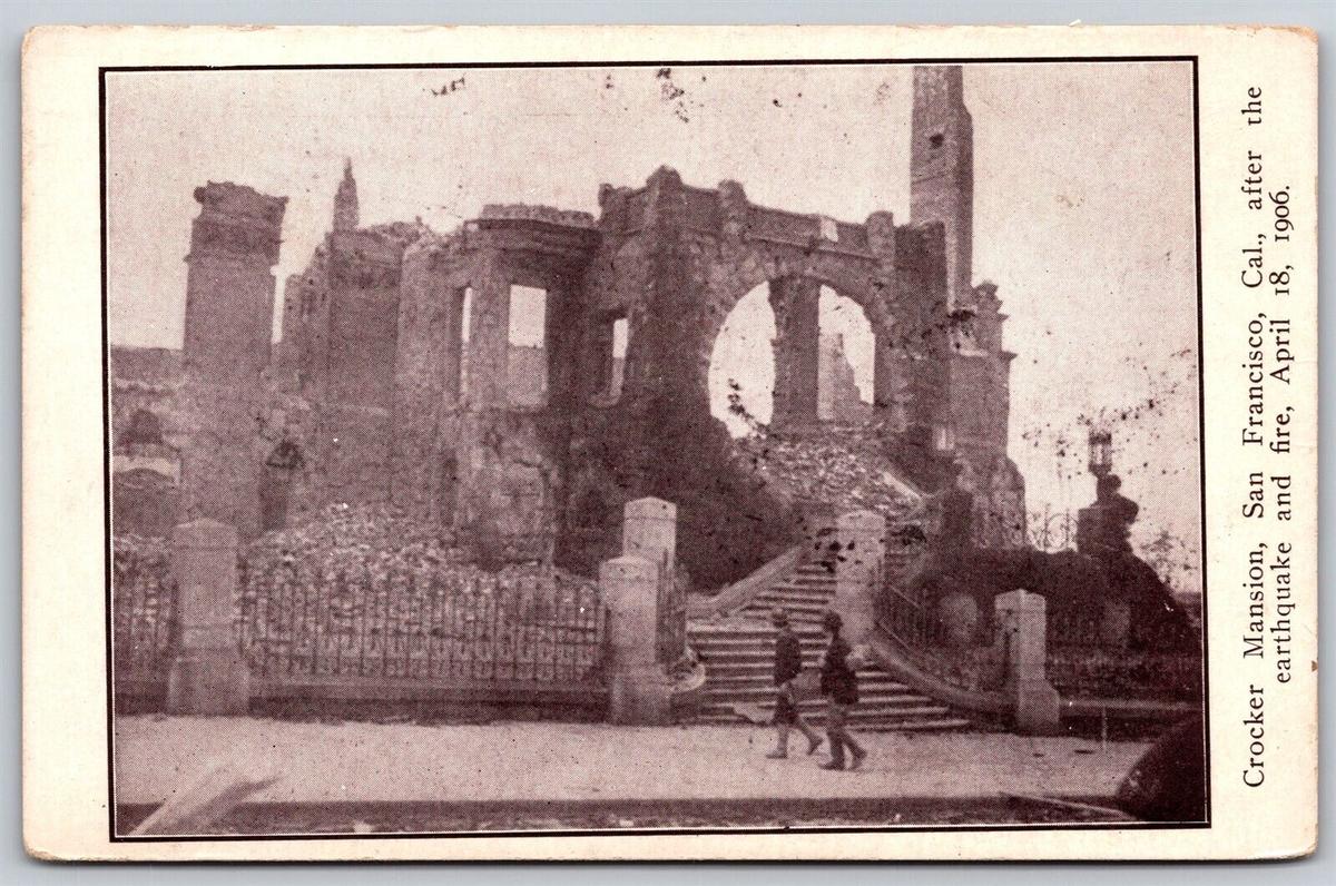 A postcard depicting the ruins of the Crocker mansions after the 1906 San Francisco fire. (Public Domain)