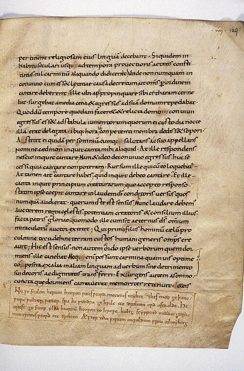 A page displaying Latin text of Caedmon’s Hymn. (Bodleian Libraries, University of Oxford/<a href="https://commons.wikimedia.org/wiki/File:Oxford,_Bodleian_Library,_MS_Hatton_43,_fol_129r.jpg" target="_blank" rel="nofollow noopener">CC BY-SA 4.0</a>)