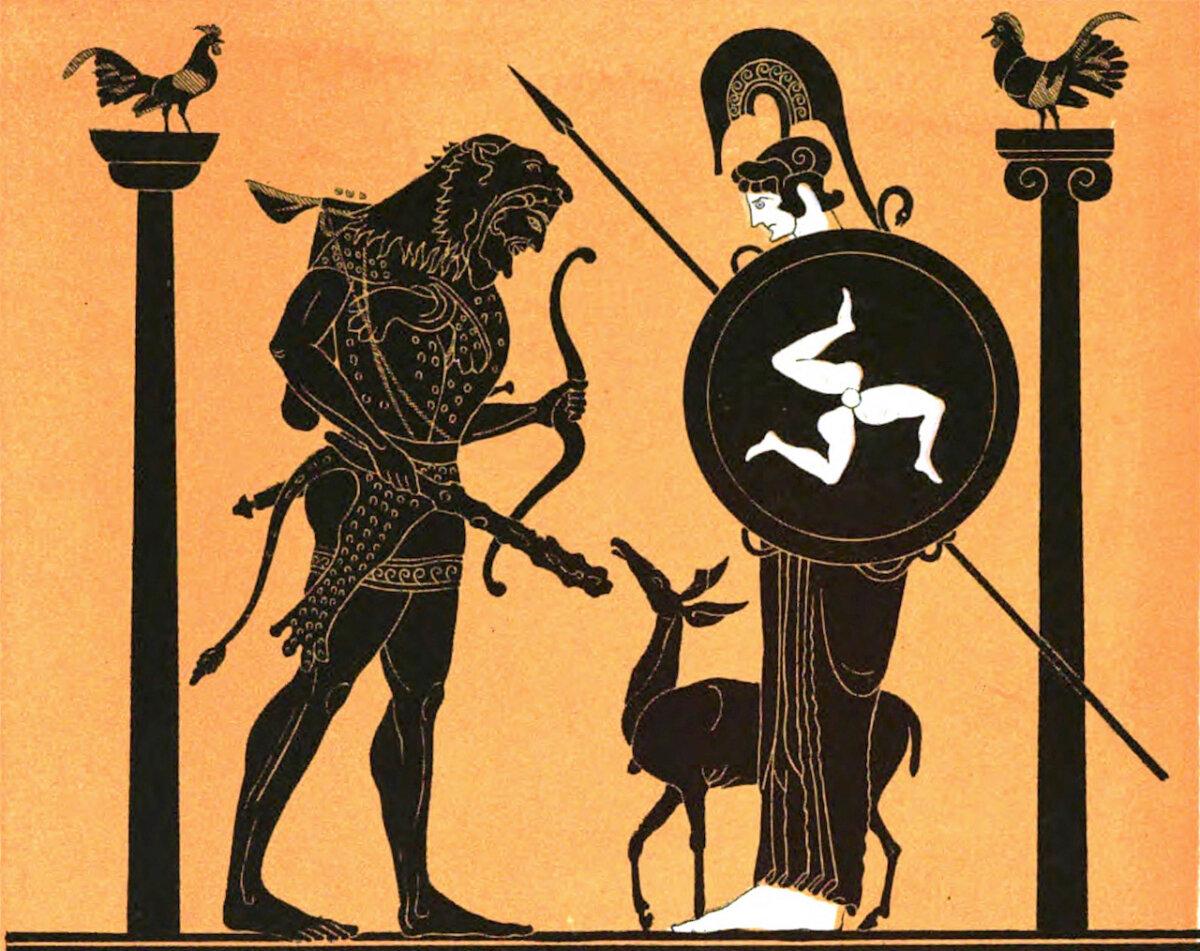 Drawing of a Greek amphora showing Herakles (left) and the goddess Athena. (Public Domain)