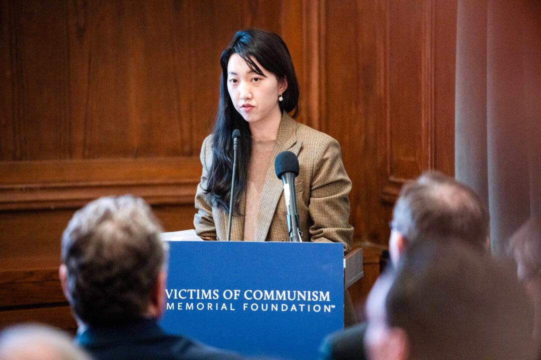 Grace Jin Drexel, daughter of founding pastor Ezra Jin of Zion Church in Beijing, speaks during the China Forum at the Victims of Communism Memorial Foundation in Washington on Oct. 27, 2025. (Madalina Kilroy/The Epoch Times)