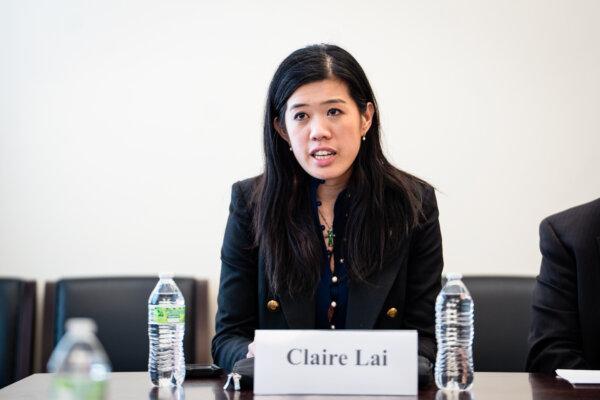 Claire Lai, daughter of Jimmy Lai, founder of now-shuttered pro-democracy Hong Kong newspaper Apple Daily, speaks during a news conference on Capitol Hill on March 19, 2026. (Madalina Kilroy/The Epoch Times)