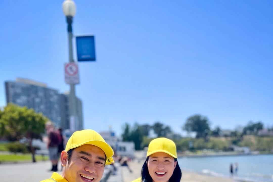 Doria Liu attends a World Falun Dafa Day celebration with her husband and son in San Francisco on May 6, 2023. Her mother, Meng Zhaohong, was jailed in China a few days later for speaking to shoppers at a farmers’ market about Falun Gong. (Courtesy of Doria Liu)