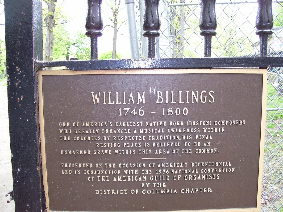 The grave memorial plaque for William Billings, who died in poverty and was likely buried within the town common. (<a href="https://en.wikipedia.org/wiki/User:Swampyank">Swampyank</a>/<a href="https://creativecommons.org/licenses/by-sa/3.0/deed.en">CC BY-SA 3.0</a>)
