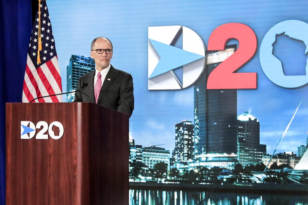 Former Democratic National Committee Chairman Tom Perez speaks during the virtual Democratic National Convention at the Wisconsin Center in Milwaukee on Aug. 20, 2020. (Tannen Maury-Pool/Getty Images)