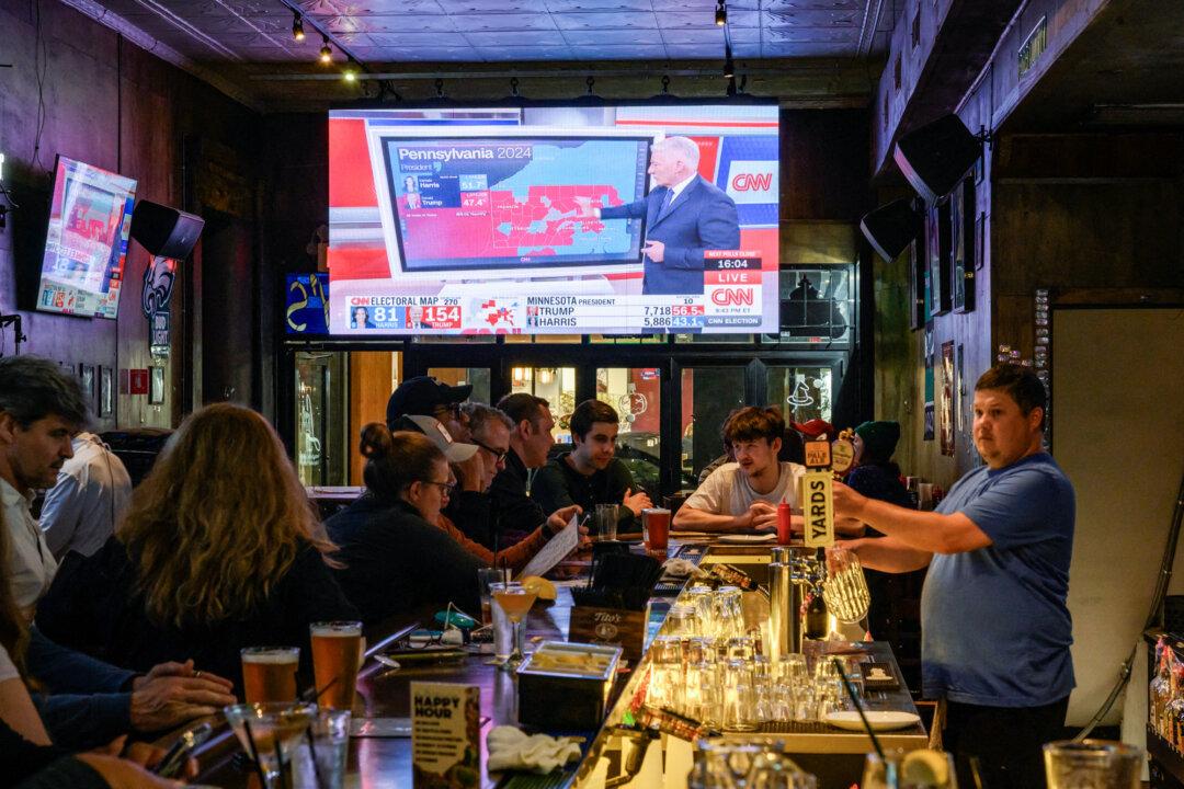 A television screen shows news coverage of the U.S. presidential election results at a bar in Philadelphia on Nov. 5, 2024. (Ed Jones/AFP via Getty Images)