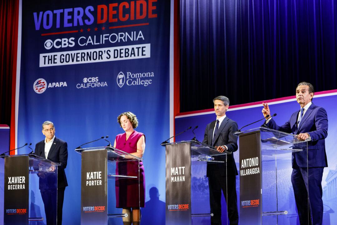California Democratic gubernatorial candidates (L–R) Xavier Becerra, Katie Porter, Matt Mahan, and Antonio Villaraigosa participate in the CBS California Gubernatorial Debate at Pomona College in Claremont, Calif., on April 28, 2026. California is holding its upcoming primary election on June 2. (Mario Tama/Getty Images)