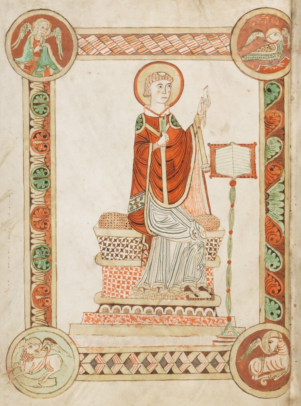 The Venerable Bede, in an illustrated manuscript, writing the “Ecclesiastical History of the English People,” from a 12th-century codex at Engelberg Abbey, Switzerland. The 8th-century English historian Bede preserved "Caedmon's Hymn" by referencing its origin in his "Ecclesiastical History of the English People."(Public Domain)